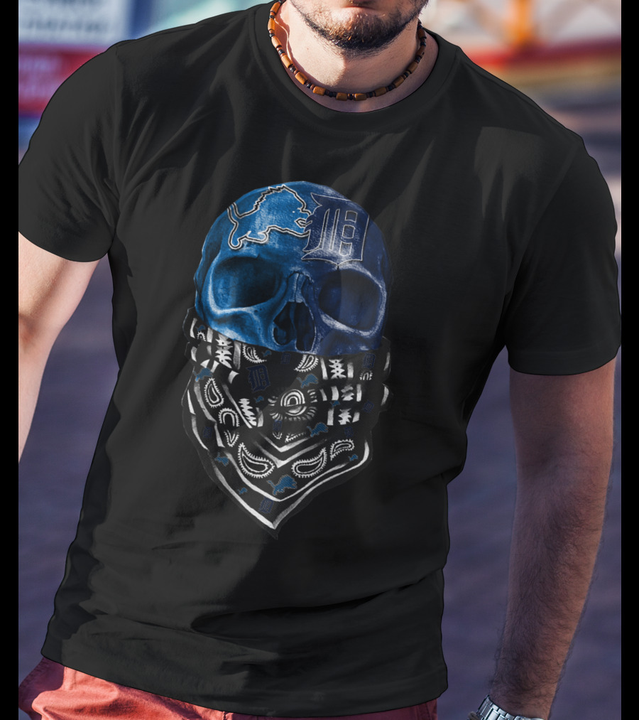 Detroit Lions And Tigers Skull Bandana Blue T-Shirt