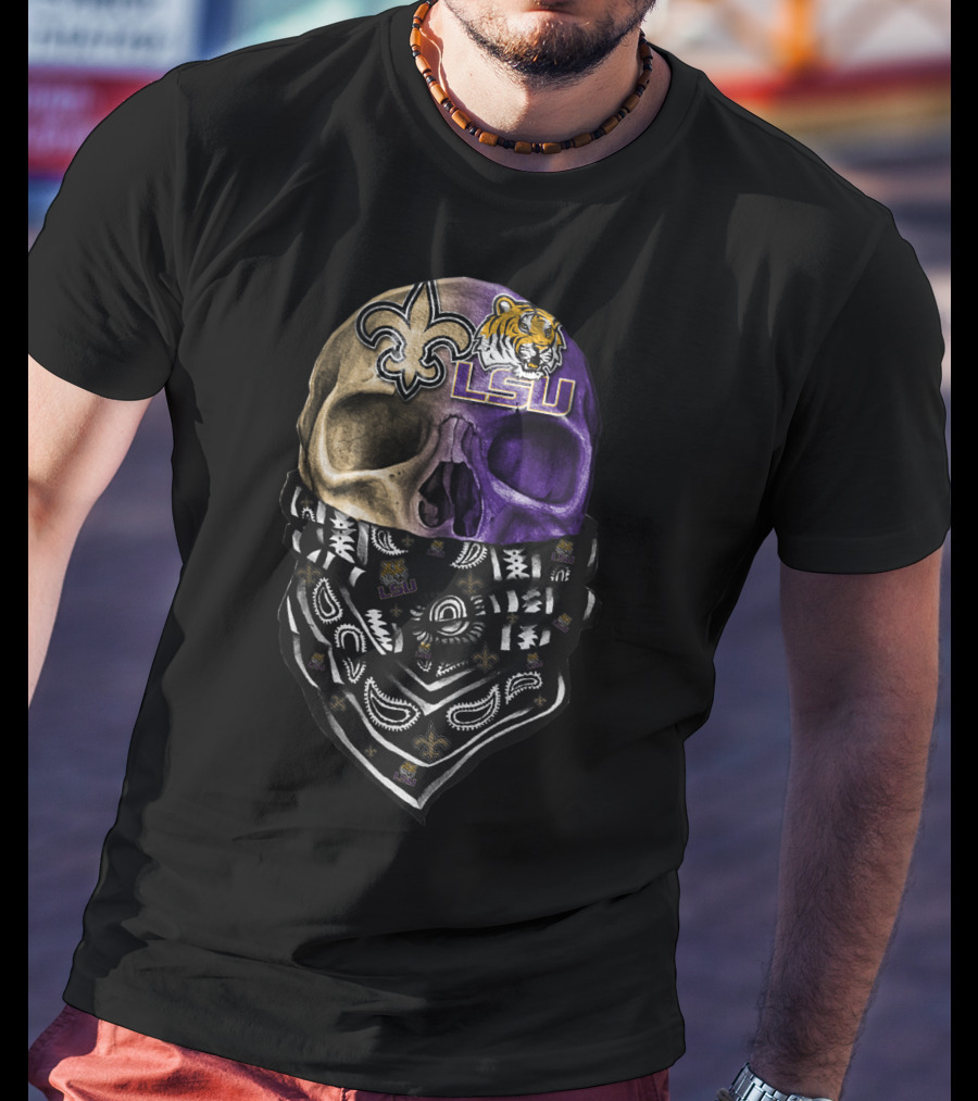 Lsu Tigers Skull With New Orleans Saints Logo Bandana T-Shirt