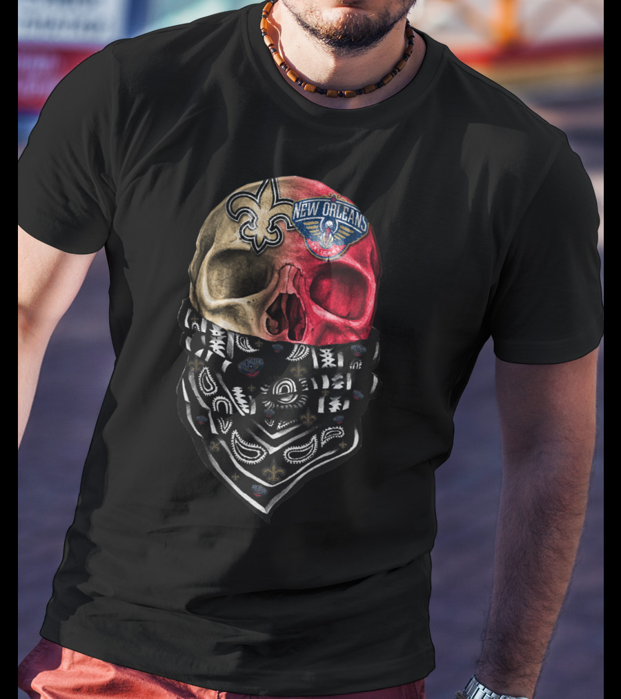 New Orleans Saints Pelicans Skull Bandana T-Shirt