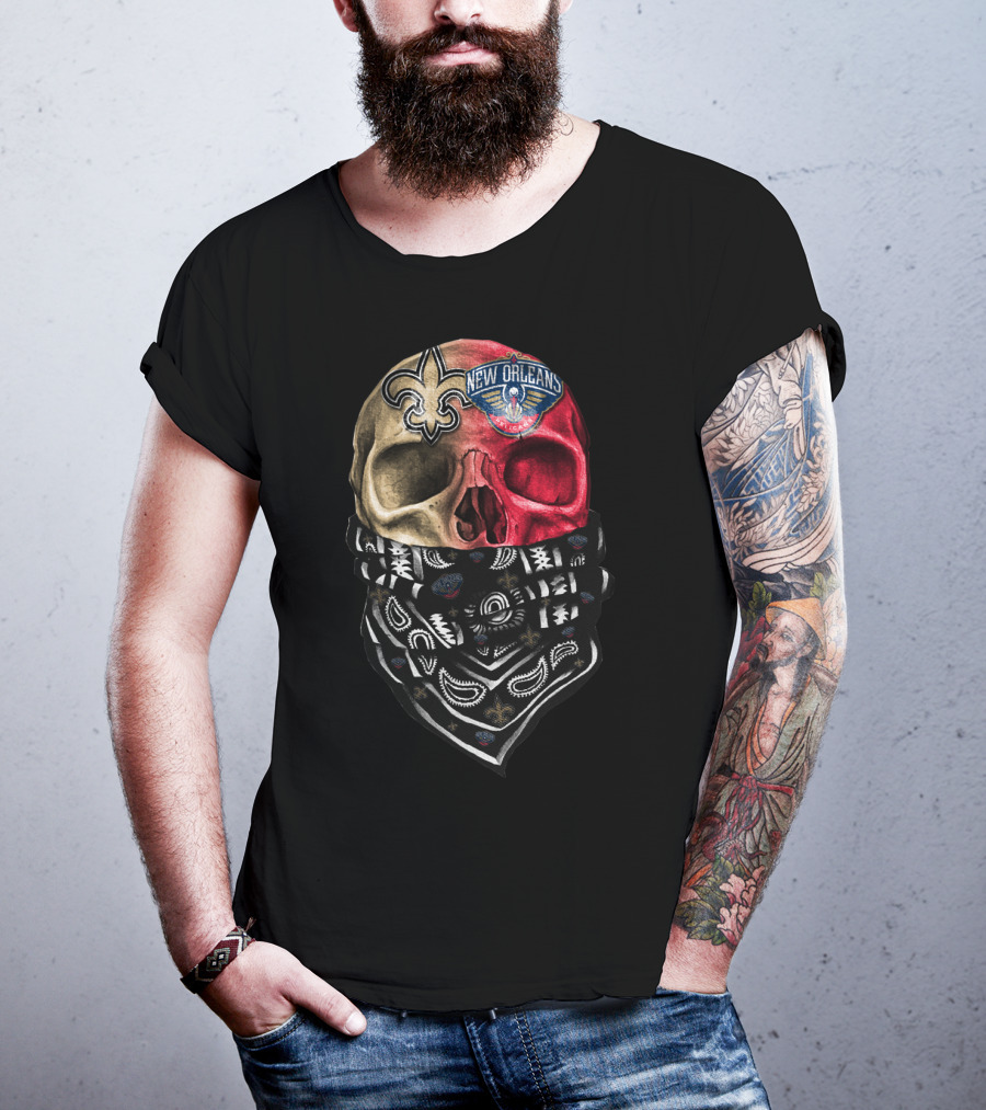 New Orleans Saints Pelicans Skull Bandana T-Shirt