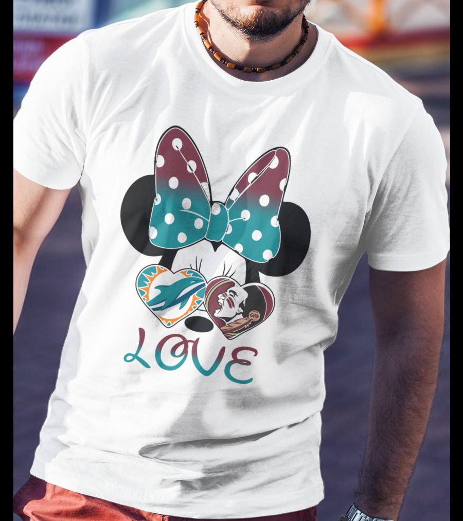 Love Minnie Bow Miami Dolphins Florida State Seminoles Hearts T-Shirt