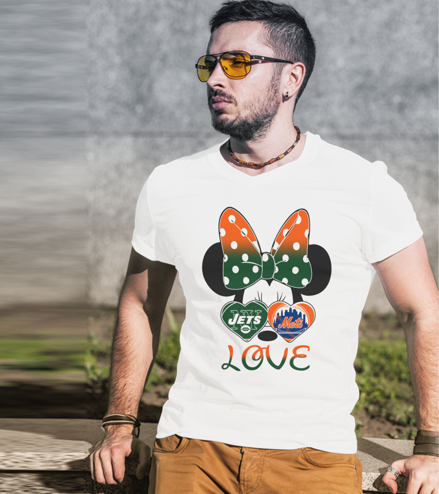 Love Ny Jets Mets Minnie Bow Hearts T-Shirt