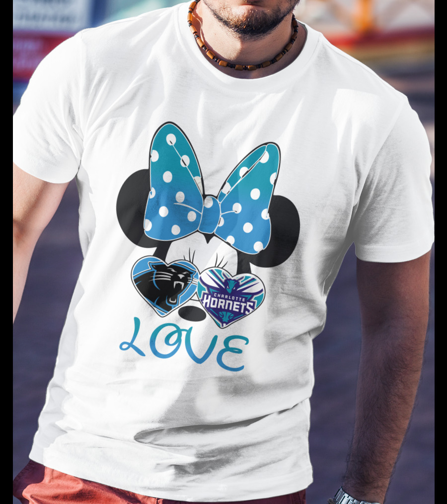 Minnie Mouse Love Carolina Panthers Charlotte Hornets Bow Hearts T-Shirt