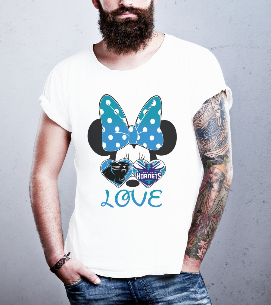 Minnie Mouse Love Carolina Panthers Charlotte Hornets Bow Hearts T-Shirt