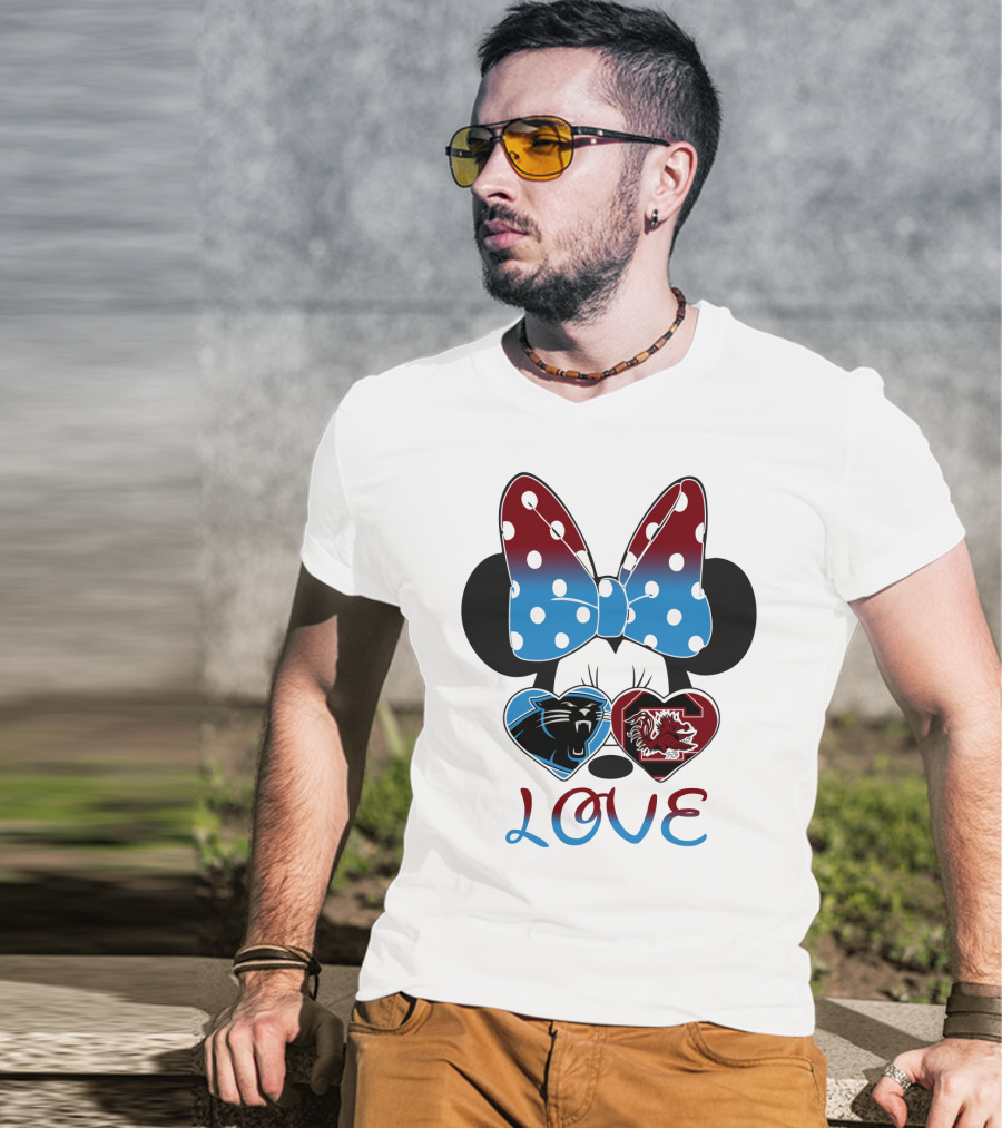 Love Carolina Panthers South Carolina Gamecocks Minnie Bow Hearts T-Shirt