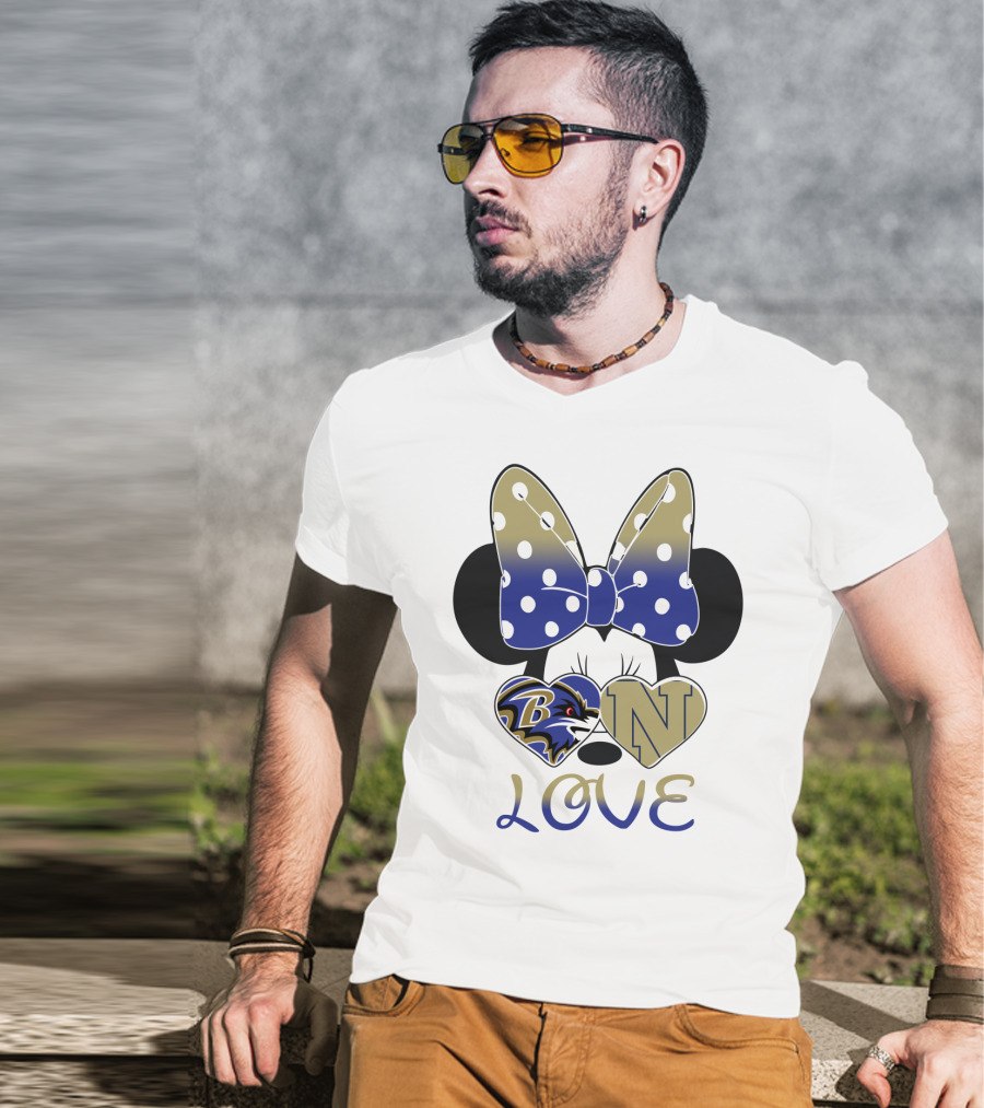 Minnie Mouse Love Baltimore Ravens Navy Logo Hearts Bow T-Shirt
