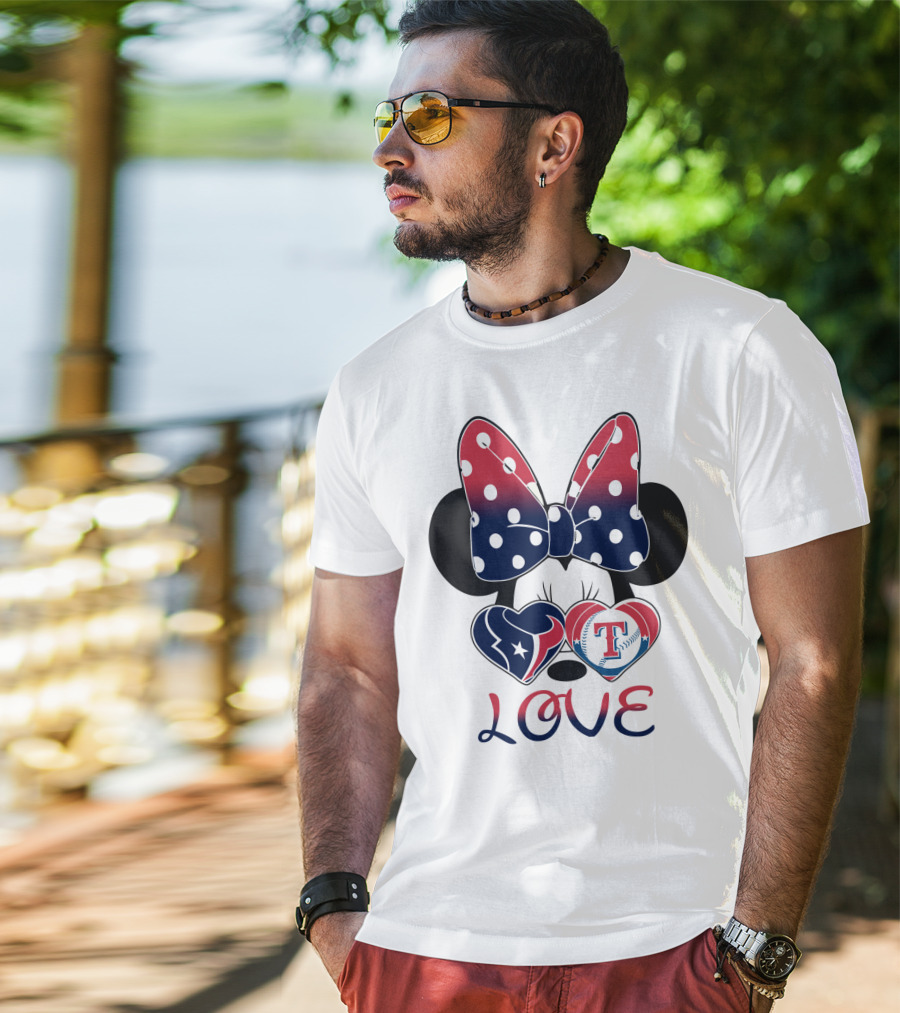 Minnie Bow Love Texans Rangers Hearts T-Shirt