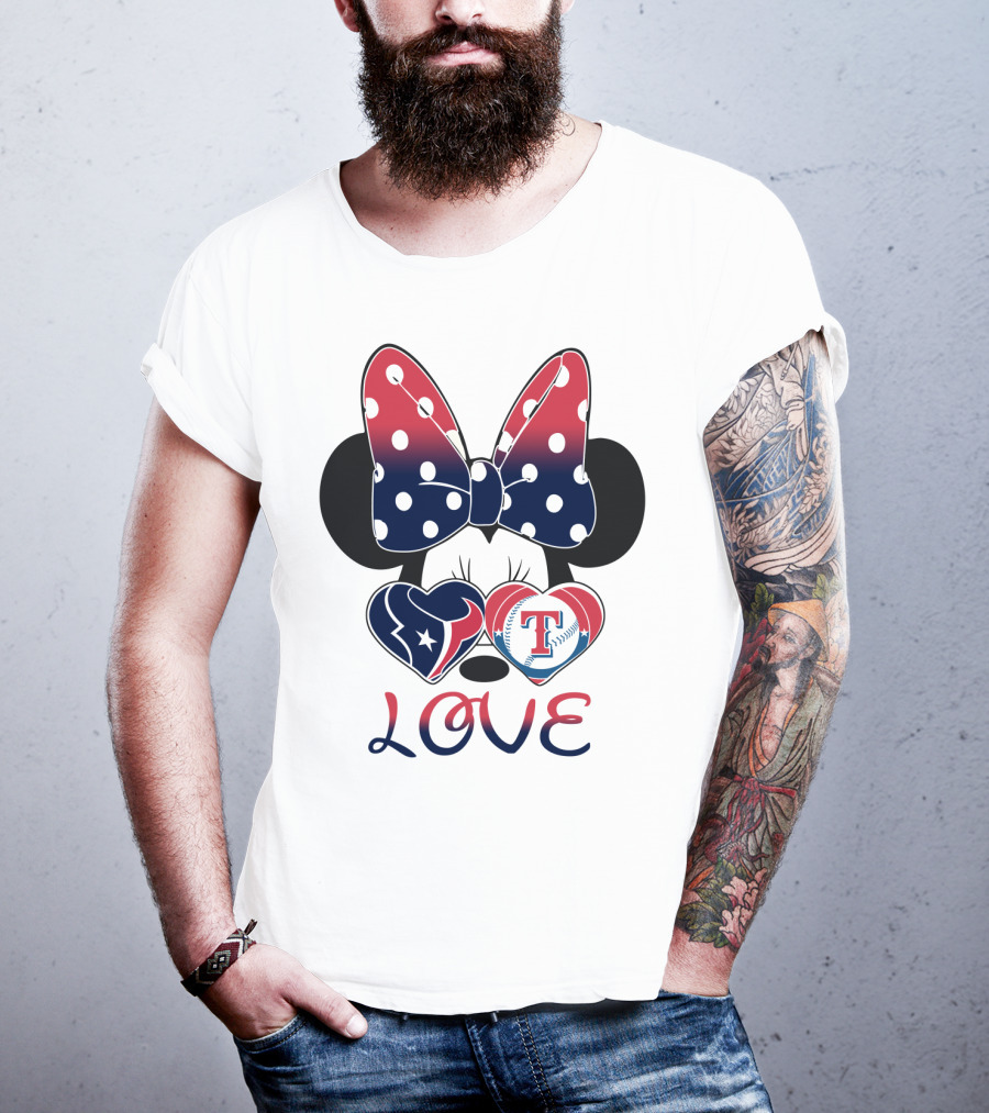 Minnie Bow Love Texans Rangers Hearts T-Shirt