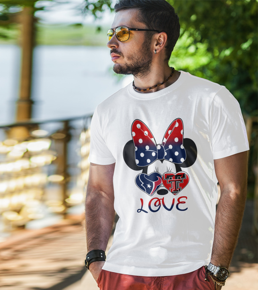 Minnie Mouse Love Texans And Texas Tech Hearts Bow T-Shirt