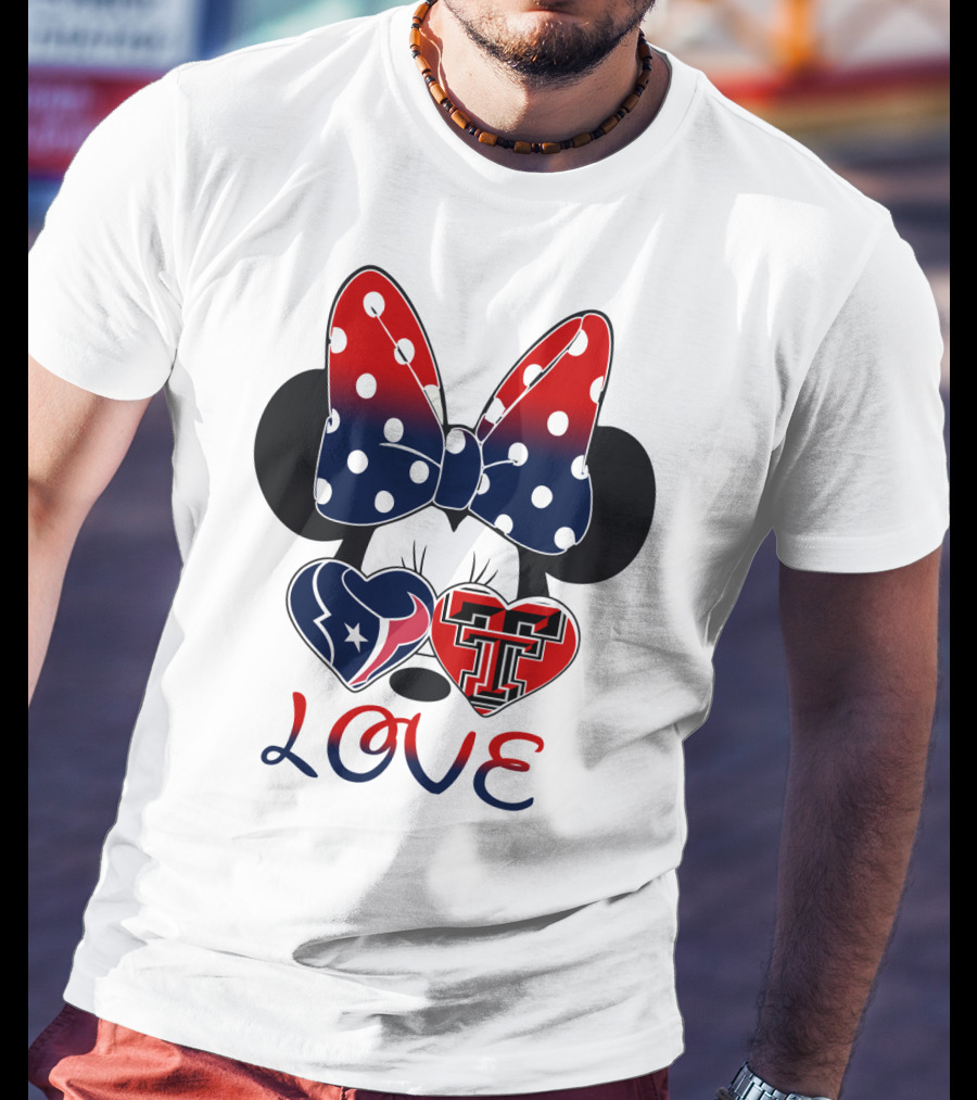 Minnie Mouse Love Texans And Texas Tech Hearts Bow T-Shirt