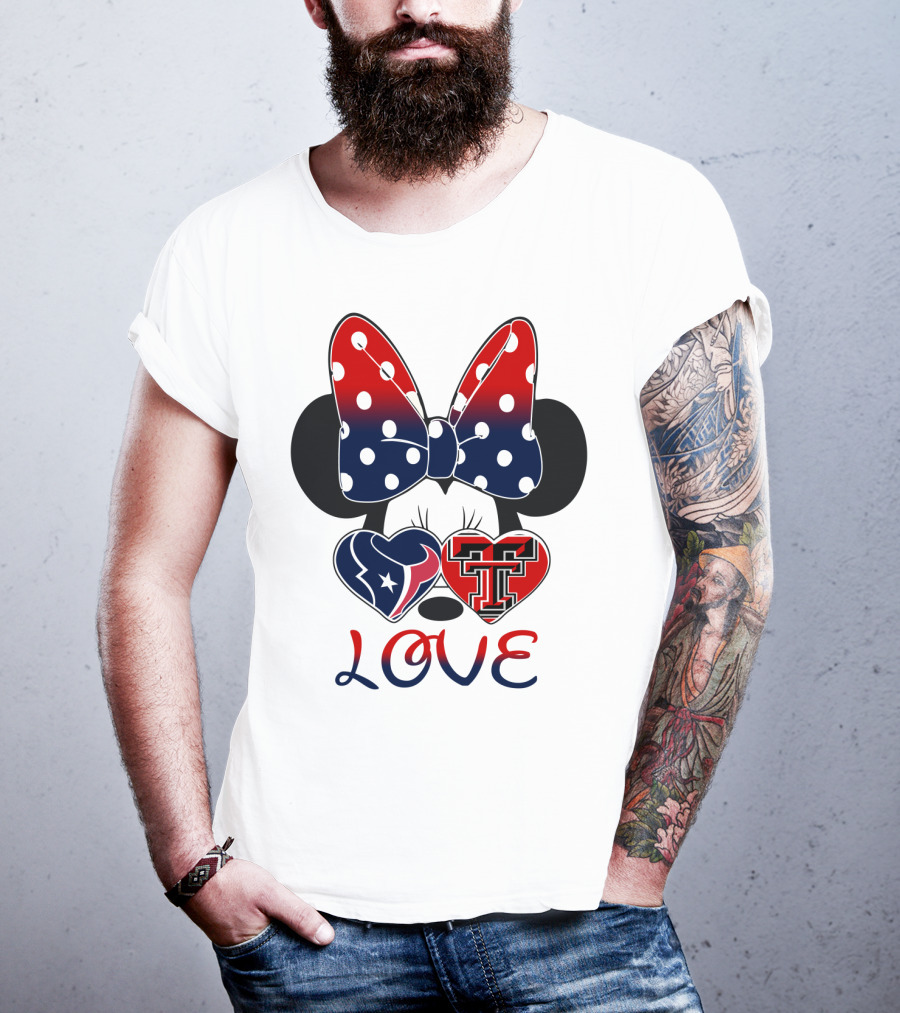 Minnie Mouse Love Texans And Texas Tech Hearts Bow T-Shirt