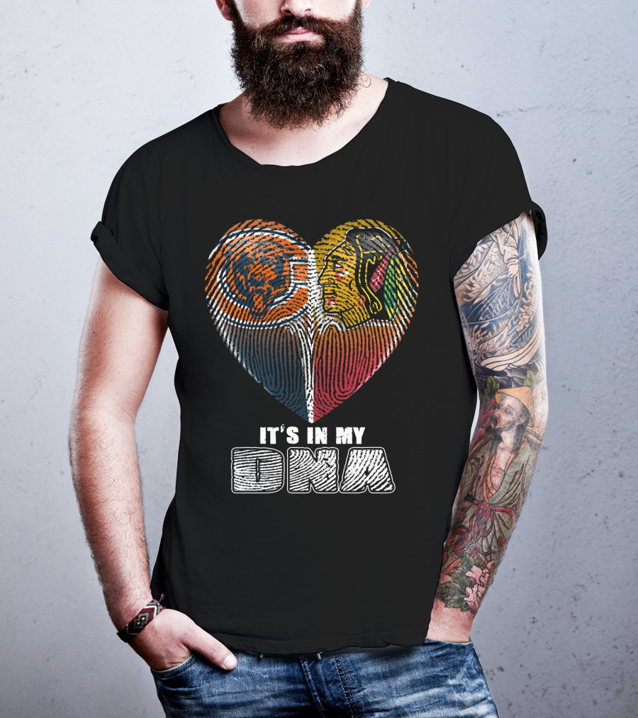 It's In My Dna Chicago Bears Blackhawks Fingerprint Heart T-Shirt