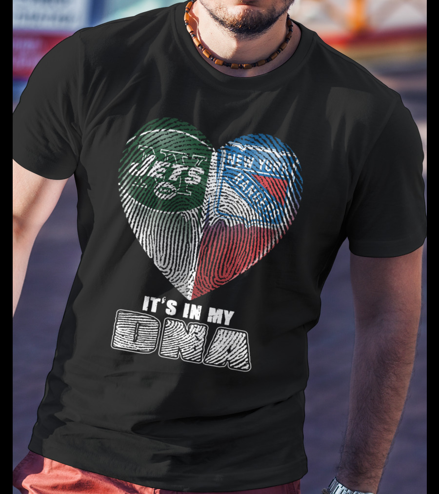New York Jets And Rangers It's In My Dna Heart Fingerprint T-Shirt