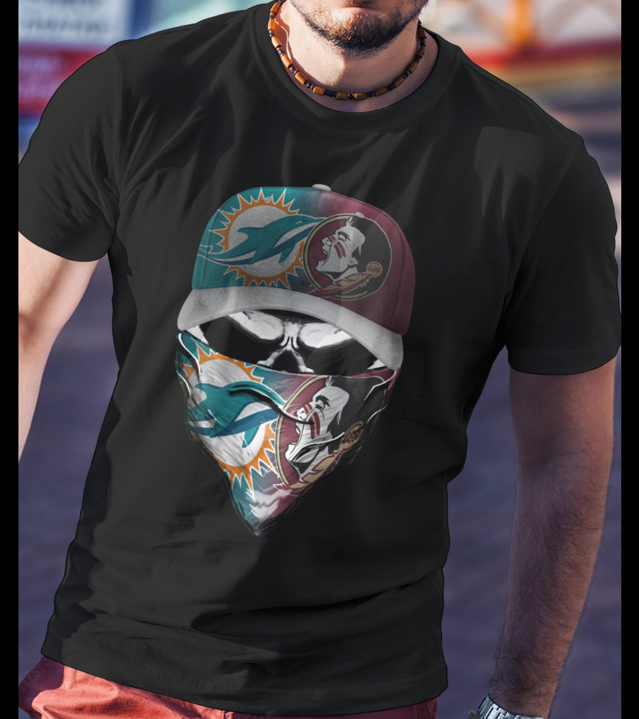 Miami Dolphins Florida State Seminoles Skull Headwear T-Shirt