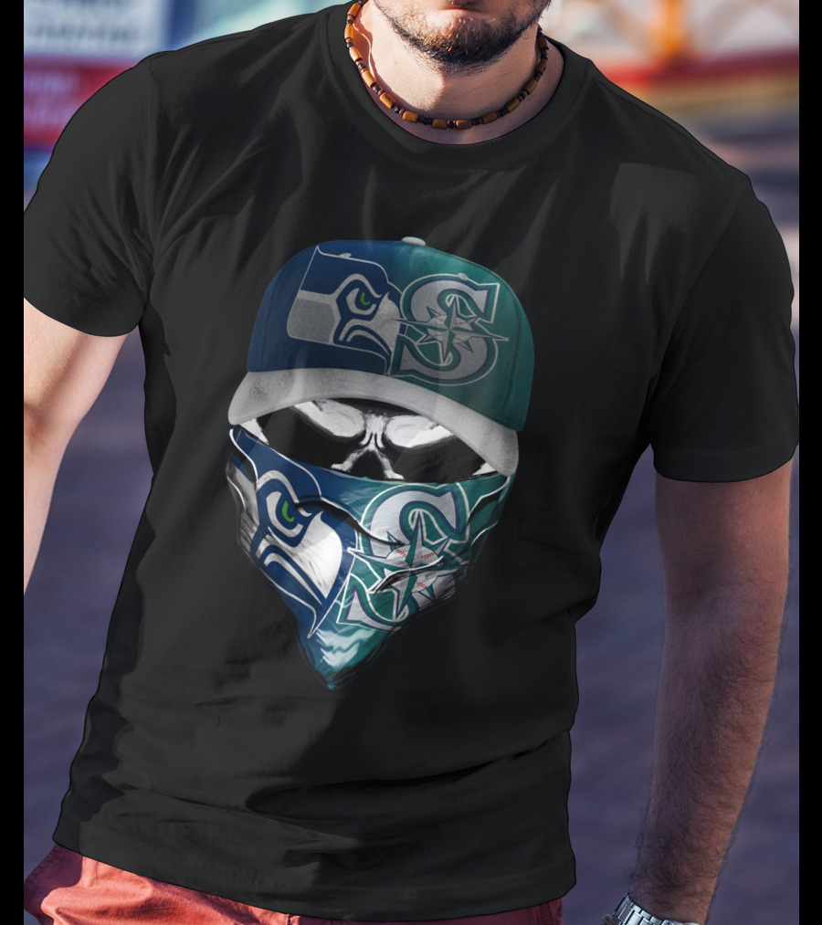 Seattle Seahawks Mariners Skull Mask Hat T-Shirt