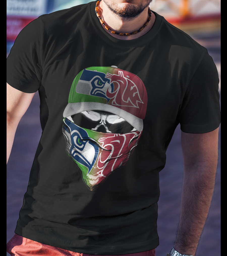 Seattle Seahawks Washington State Cougars Split Mask Hat T-Shirt