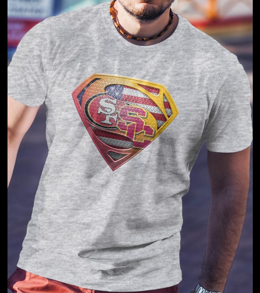 Superman Shield With San Francisco And Usc Logos Merged Over American Flag T-Shirt