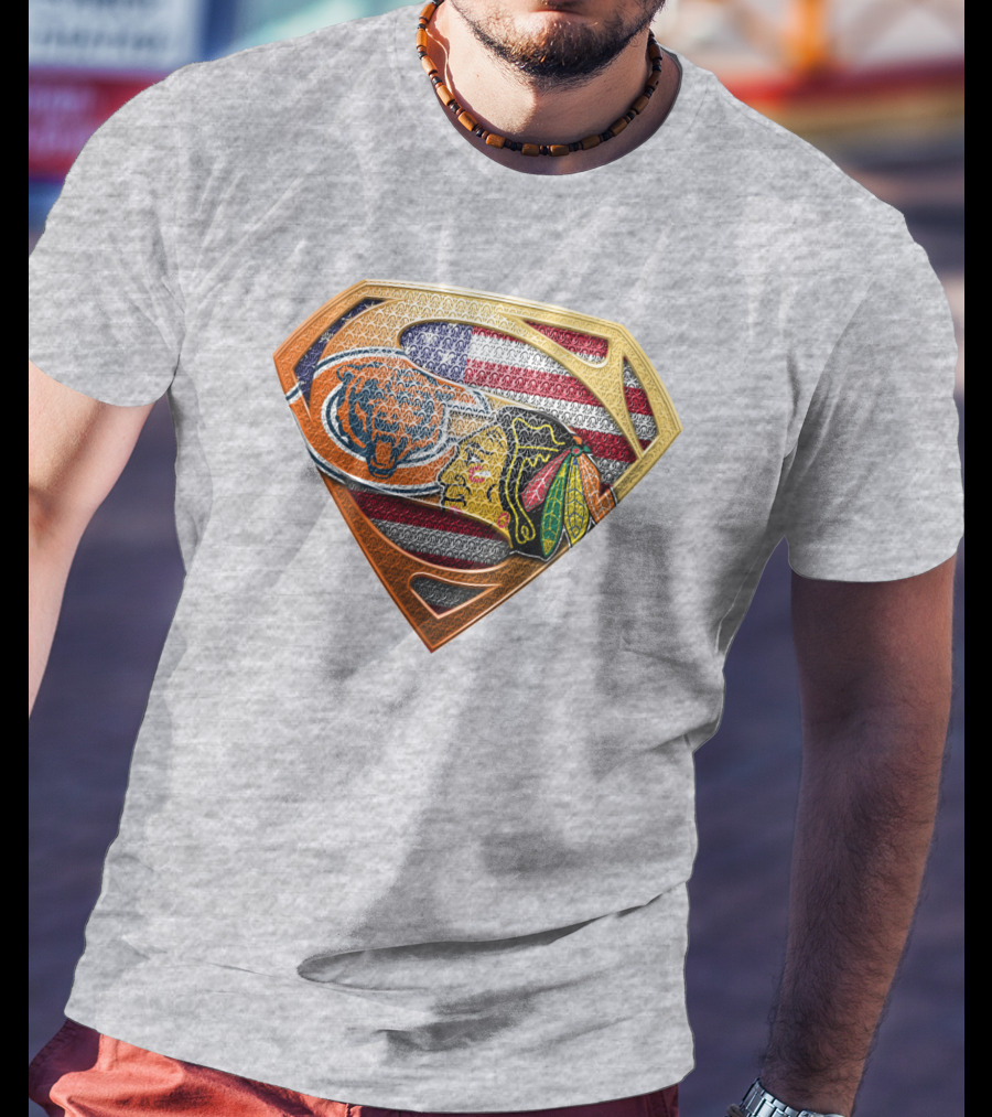 Chicago Bears Blackhawks American Flag Superman T-Shirt