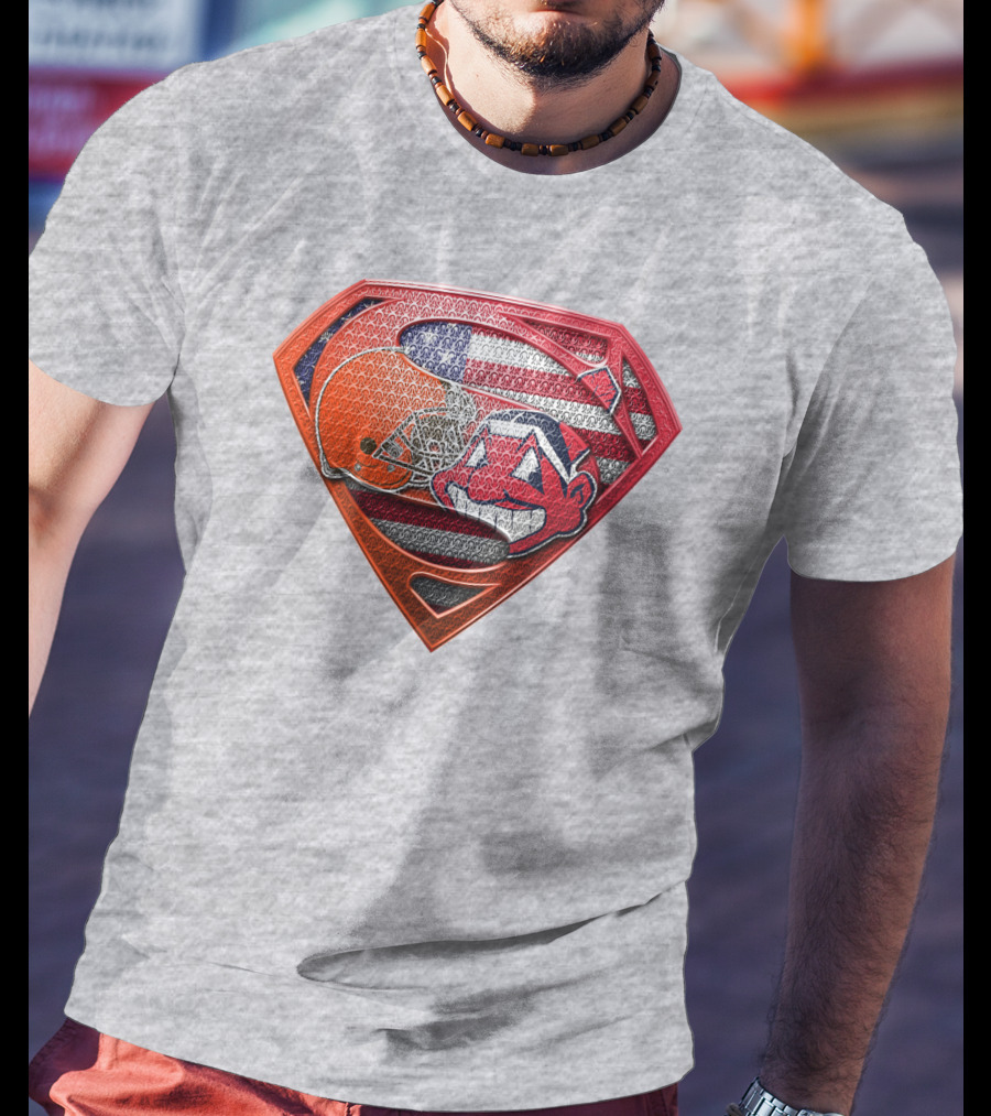 Superman Shield Cleveland Browns Helmet Chief Wahoo American Flag T-Shirt