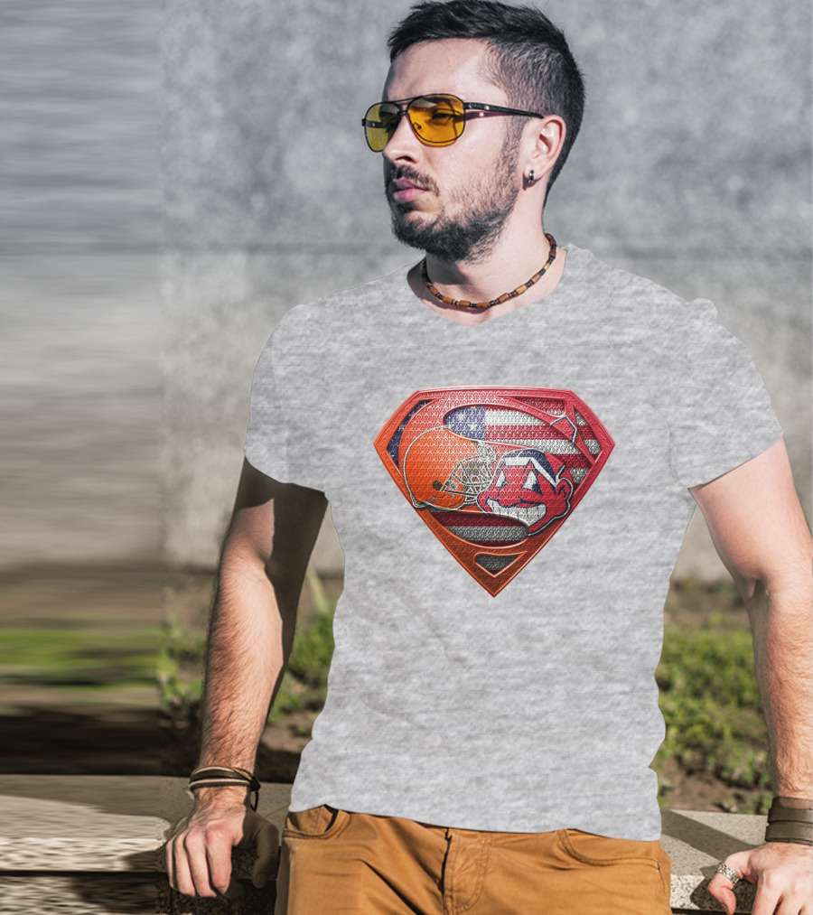 Superman Shield Cleveland Browns Helmet Chief Wahoo American Flag T-Shirt