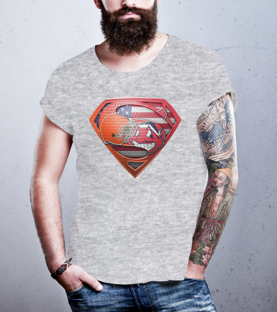 Superman Shield Cleveland Browns Helmet Chief Wahoo American Flag T-Shirt