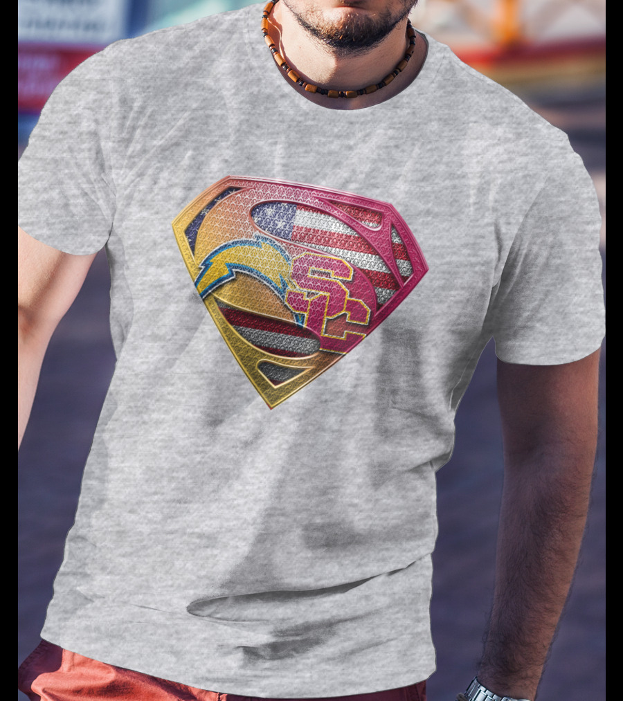 Superman Chargers Trojans American Flag Emblem On Gray T-Shirt