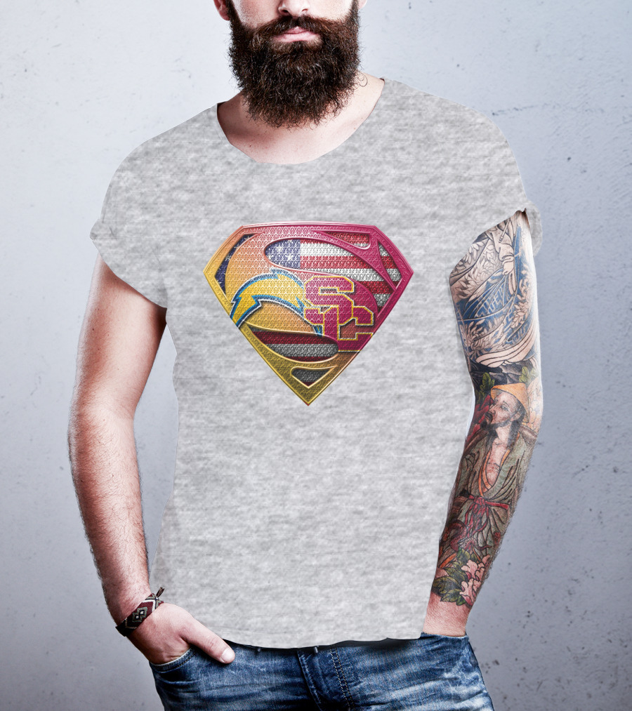 Superman Chargers Trojans American Flag Emblem On Gray T-Shirt