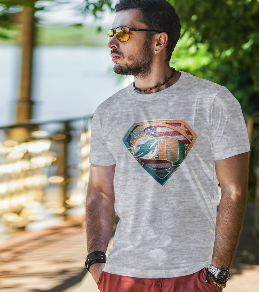 Miami Dolphins University Of Miami Superman Logo With American Flag T-Shirt