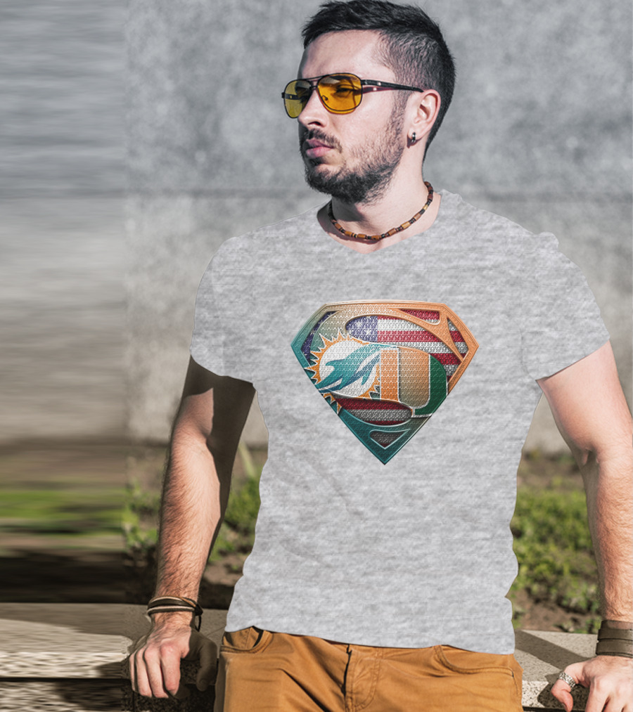 Miami Dolphins University Of Miami Superman Logo With American Flag T-Shirt