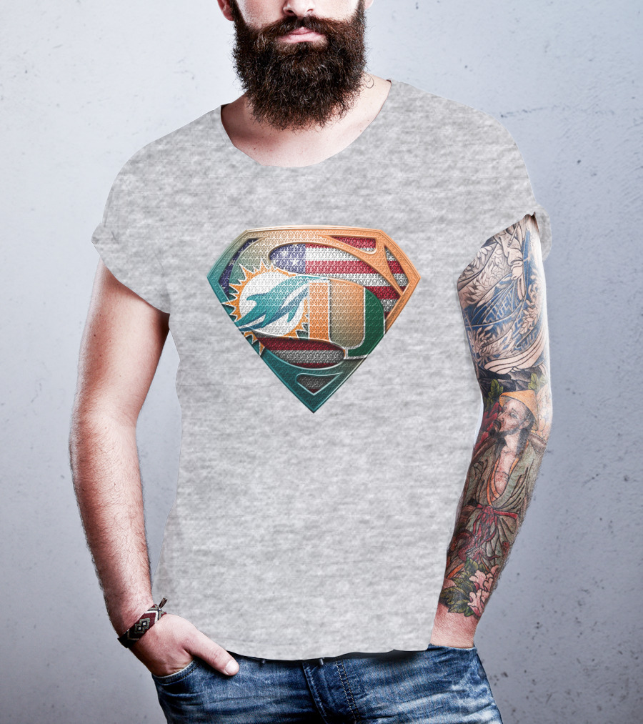 Miami Dolphins University Of Miami Superman Logo With American Flag T-Shirt