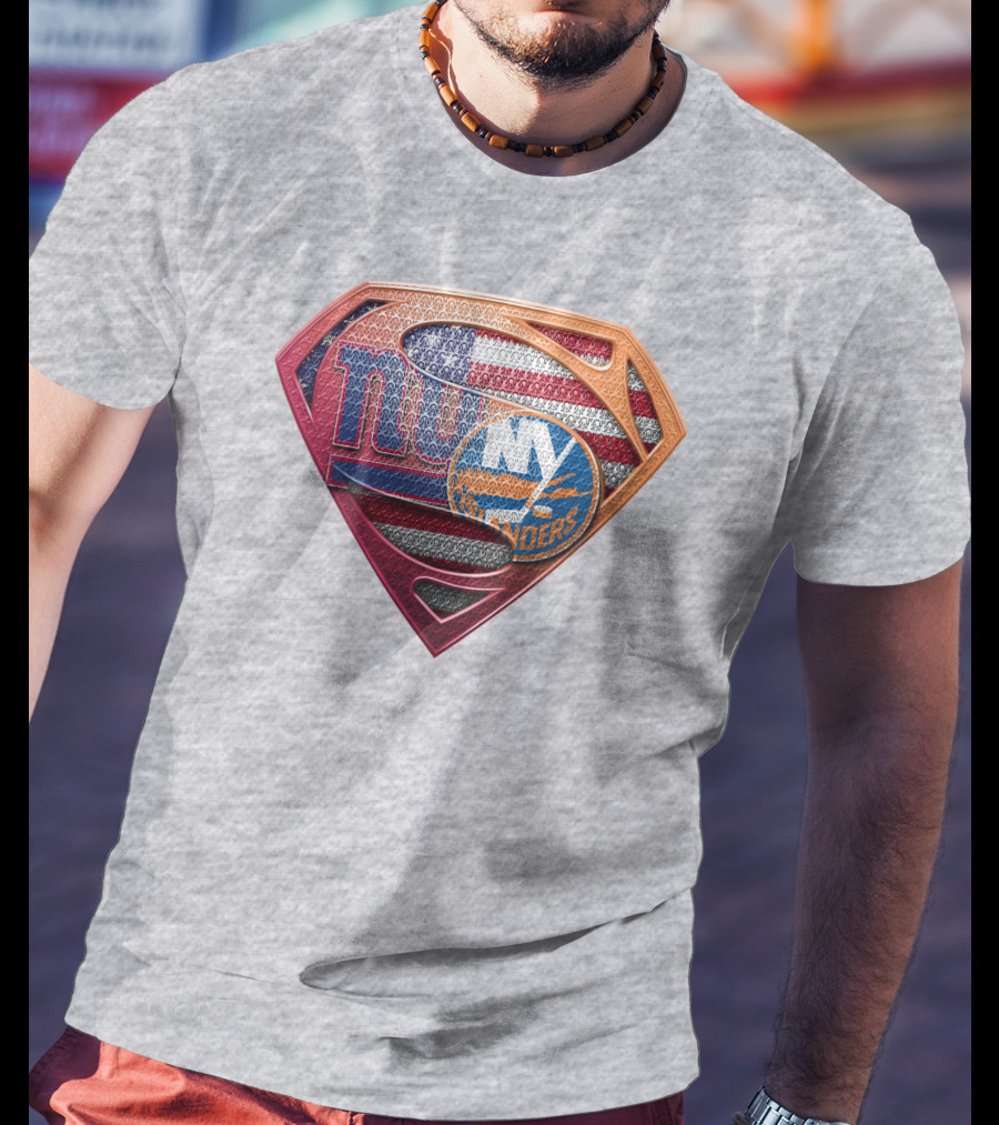 New York Giants Islanders Superman Shield American Flag T-Shirt