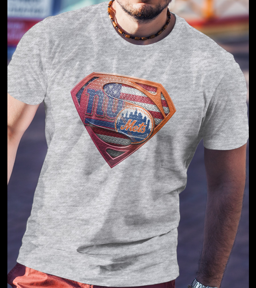 Giants Mets Superman Logo American Flag T-Shirt