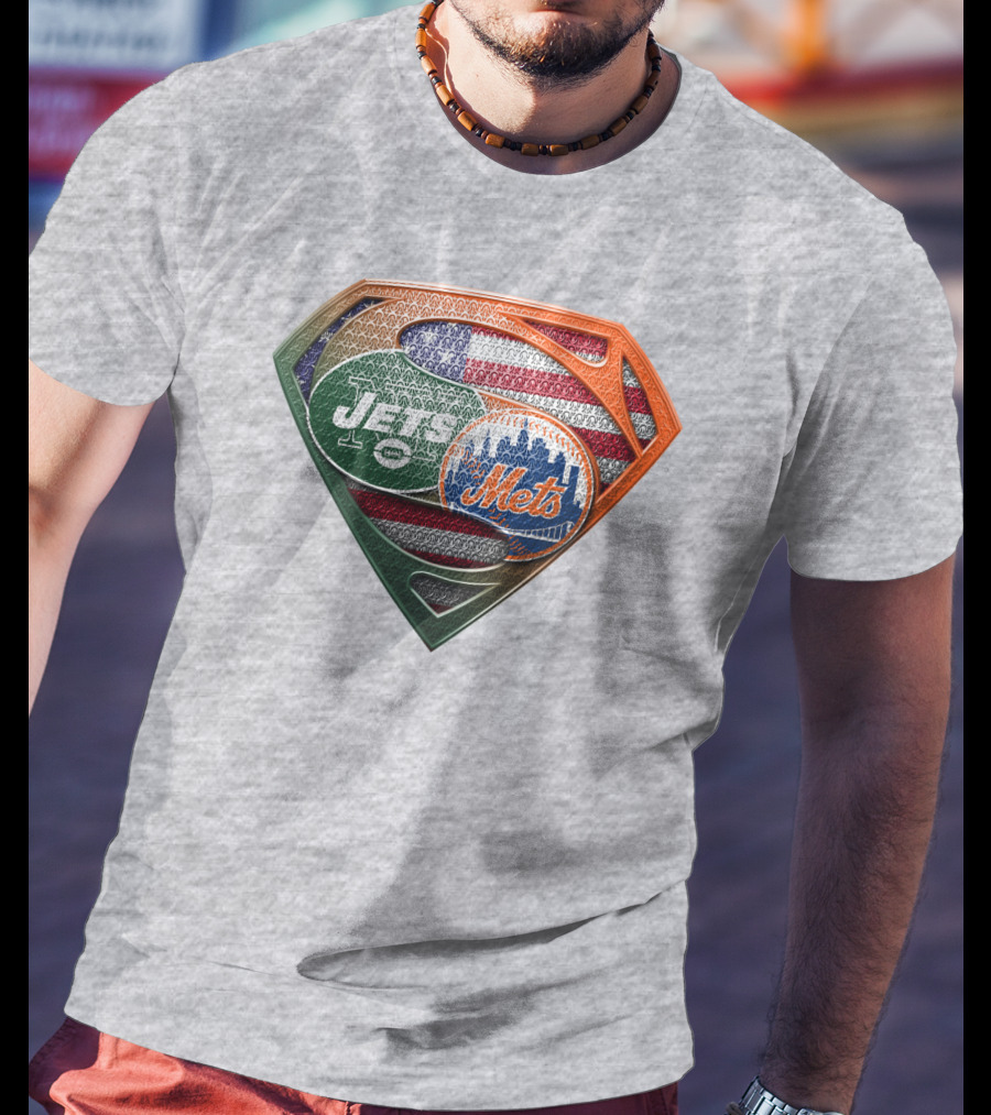 New York Jets Mets Logo With American Flag And Superman Shield T-Shirt