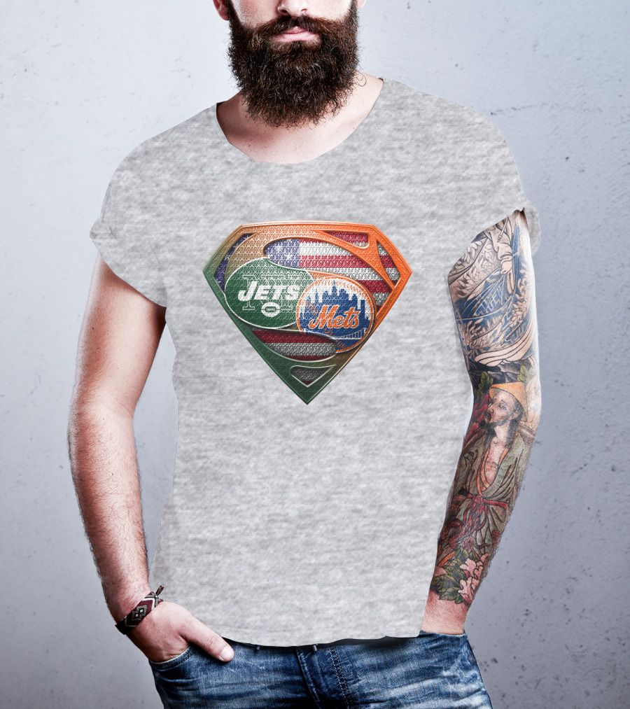 New York Jets Mets Logo With American Flag And Superman Shield T-Shirt