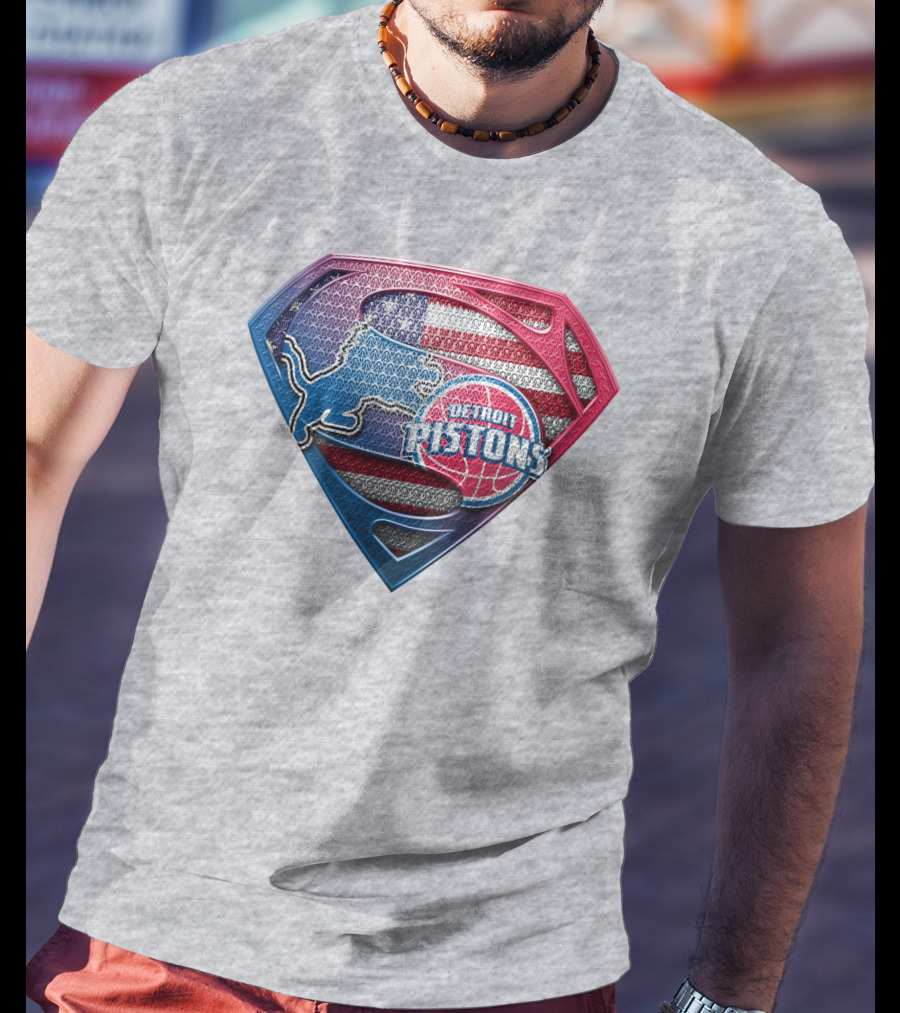 Detroit Pistons Lions Superman Logo Shaped Patch With American Flag T-Shirt