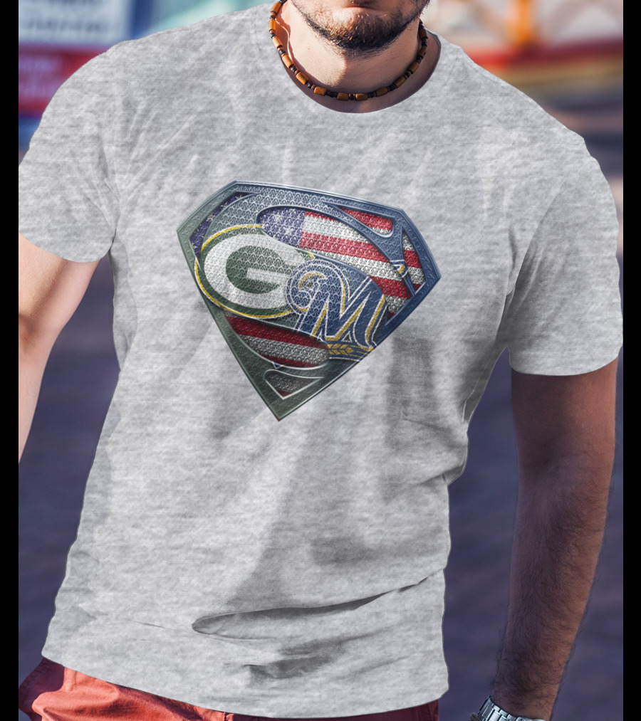 Green Bay Packers Milwaukee Brewers American Flag Superman T-Shirt