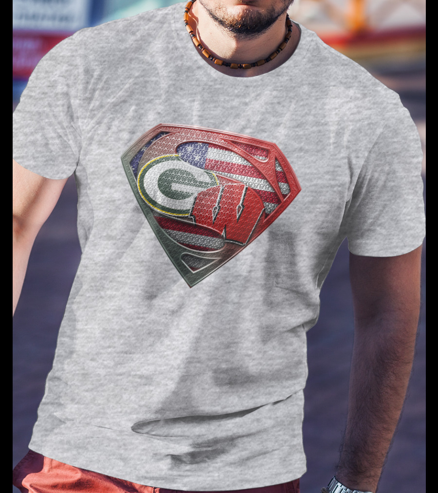 Green Bay Packers Wisconsin Badgers American Flag Superman Shield T-Shirt