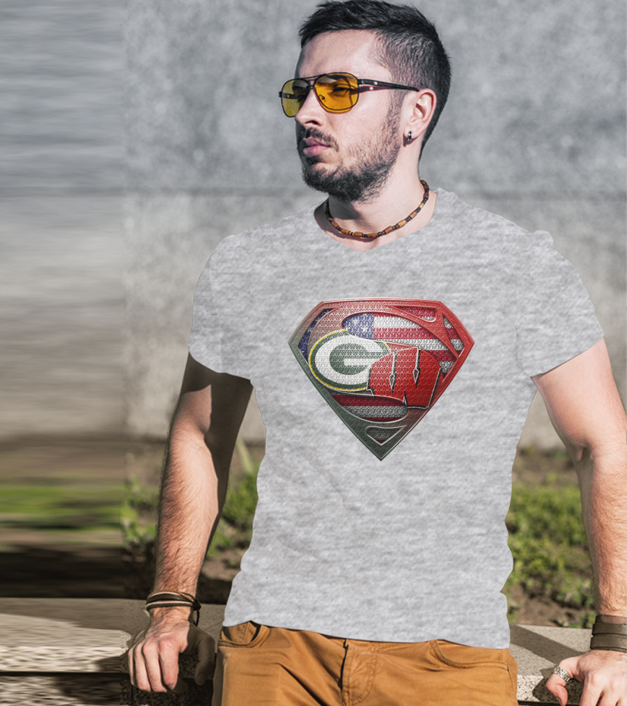 Green Bay Packers Wisconsin Badgers American Flag Superman Shield T-Shirt