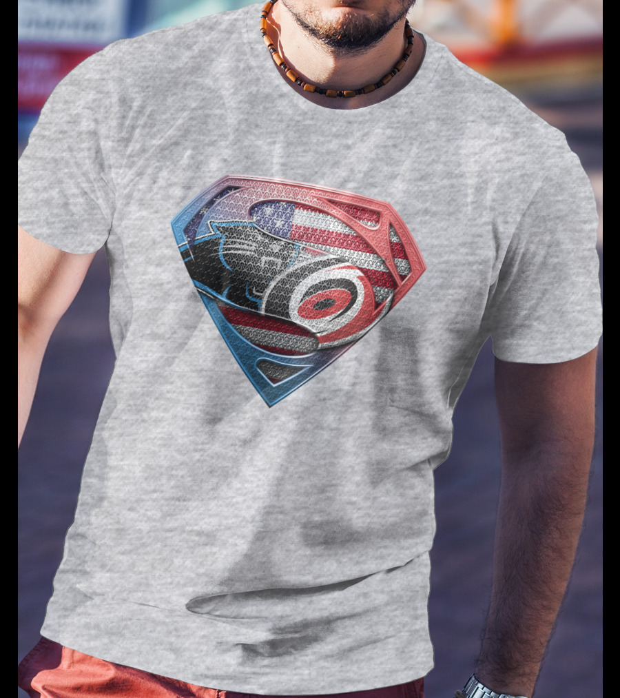Superman Shield Carolina Panthers American Flag Carolina Hurricanes T-Shirt
