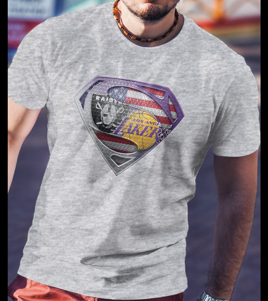 Los Angeles Lakers Raiders American Flag Superman Shield T-Shirt