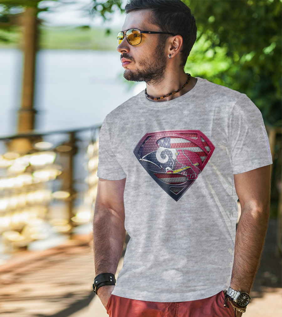 Superman Logo With St. Louis Rams And Cardinals Nfl And Mlb Team Fusion T-Shirt