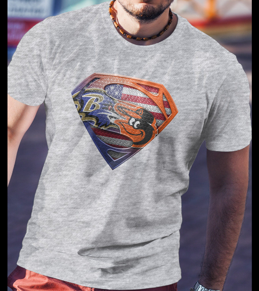 Baltimore Ravens Orioles American Flag Superman Shield T-Shirt