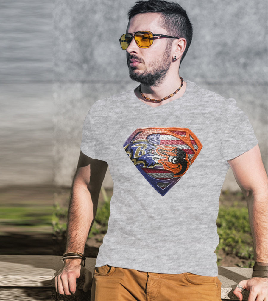 Baltimore Ravens Orioles American Flag Superman Shield T-Shirt