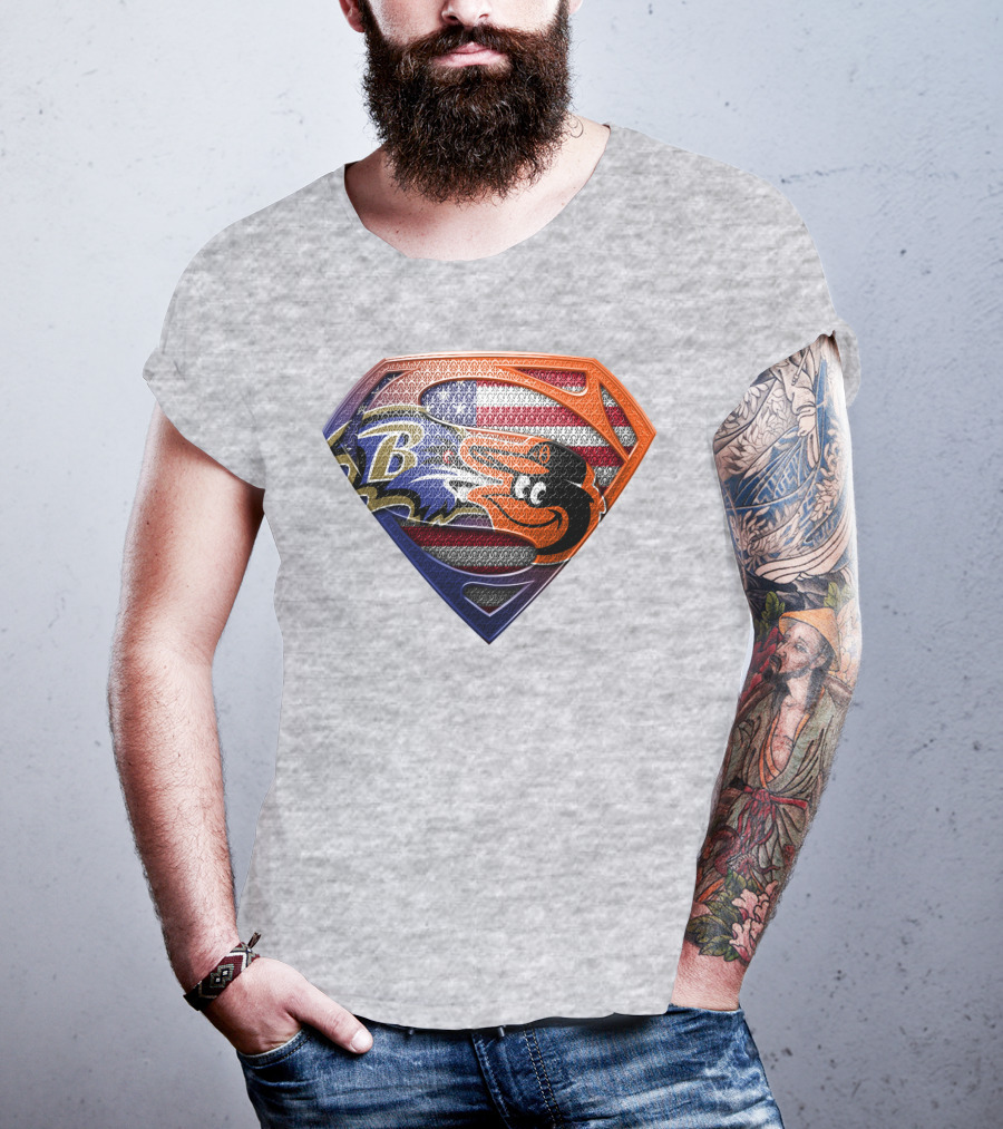 Baltimore Ravens Orioles American Flag Superman Shield T-Shirt