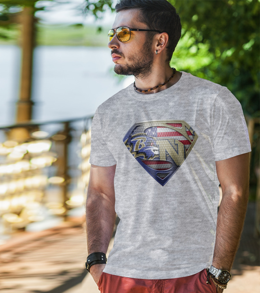 Baltimore Ravens Nfl Superman Shield American Flag T-Shirt