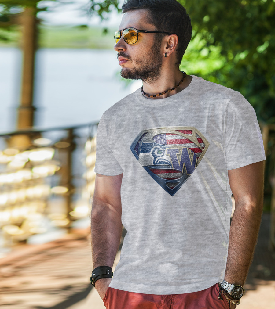 Superman Logo Seahawks W American Flag Hybrid T-Shirt