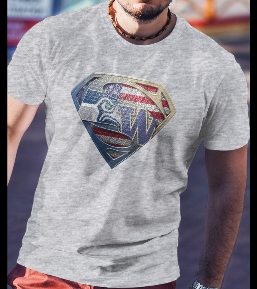 Superman Logo Seahawks W American Flag Hybrid T-Shirt