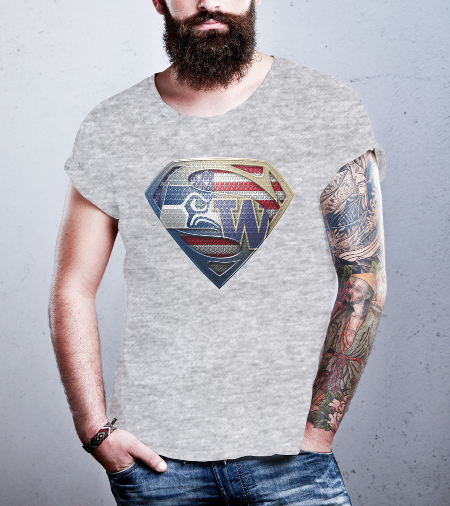 Superman Logo Seahawks W American Flag Hybrid T-Shirt