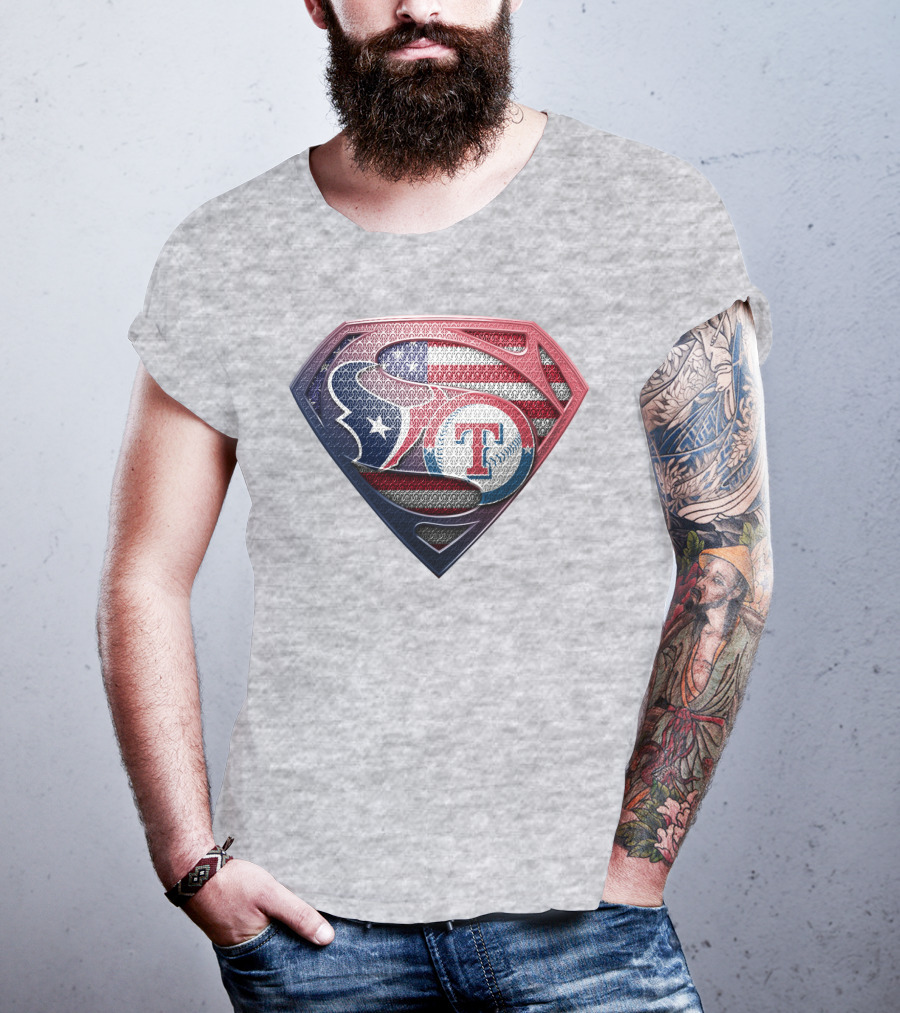 Superman Shield Houston Texans And Texas Rangers American Flag T-Shirt