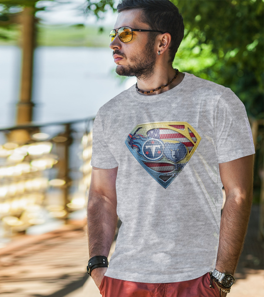 Tennessee Titans And Memphis Grizzlies Superman Shield American Flag T-Shirt